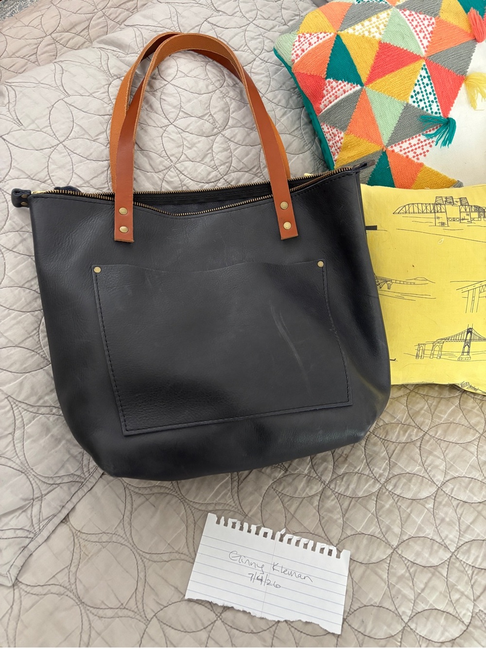 Portland Leather Medium Zipper tote in Midnight with Tandles
